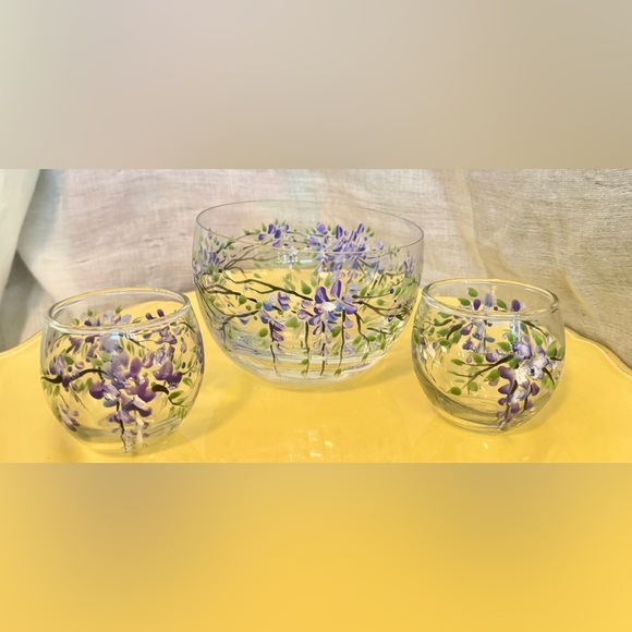 Signed Hand Painted Wisteria Bowl & Cup Set - Picture 2 of 10